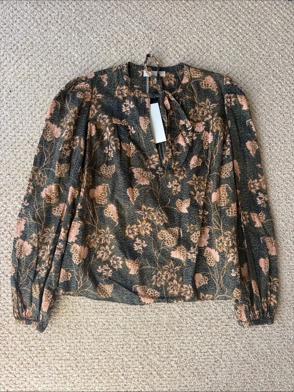 Ulla Johnson Tillie Balsam green and pink floral colorway Long-Sleeve Blouse